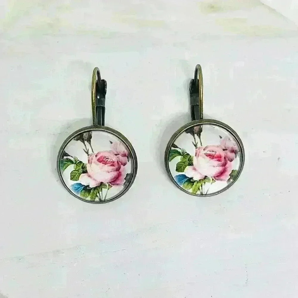 Vintage Feel Pink Roses Print Earrings